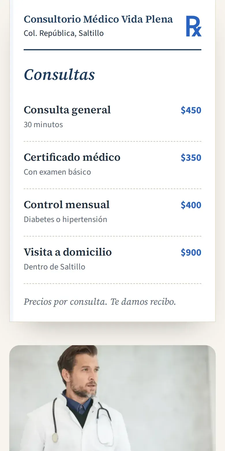Vista de la página de Consultorio Médico Vida Plena en celular