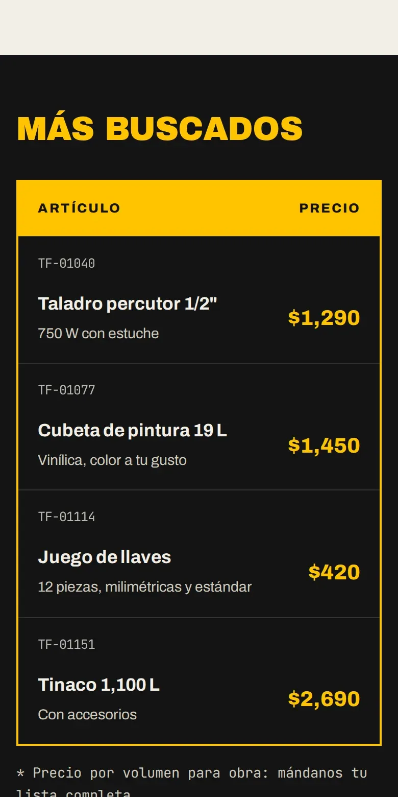 Vista de la página de Ferretería El Tornillo Feliz en celular