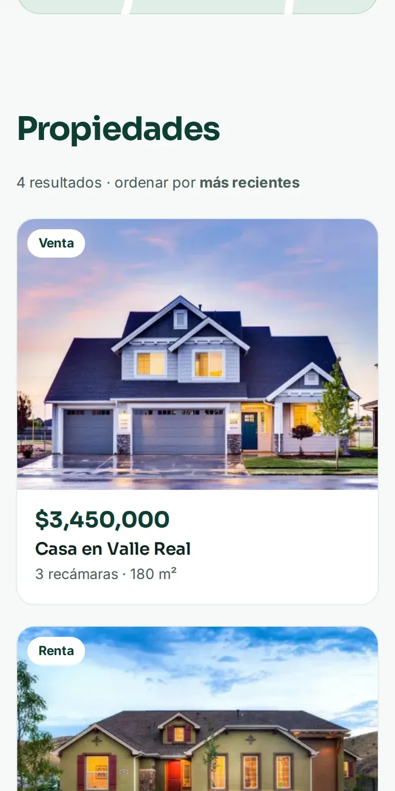 Vista de la página de Raíces Inmobiliaria en celular