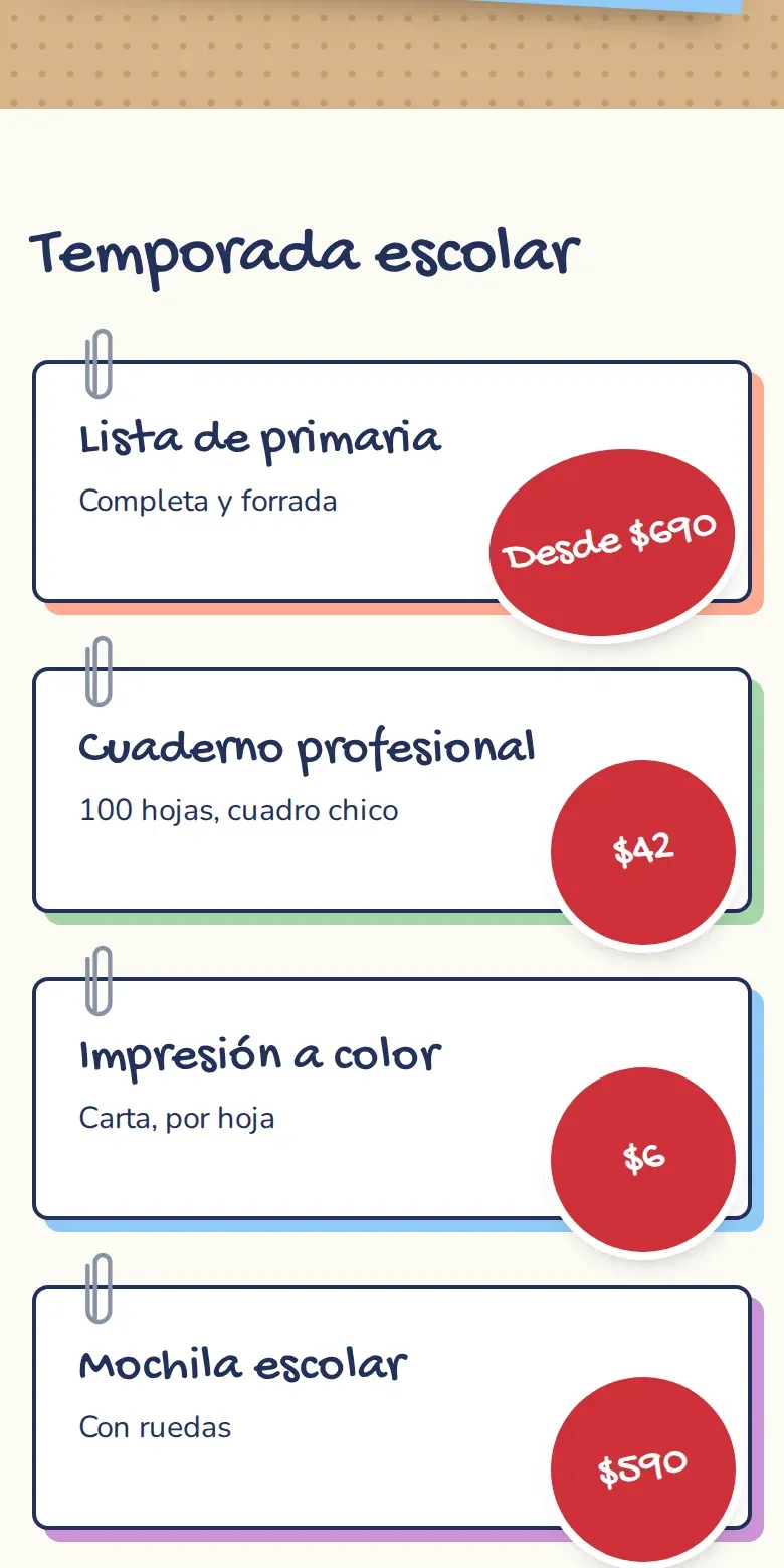 Vista de la página de Papelería Punto y Coma en celular