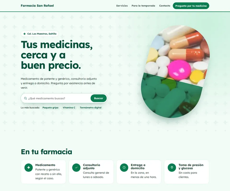 Vista de la página de Farmacia San Rafael en computadora