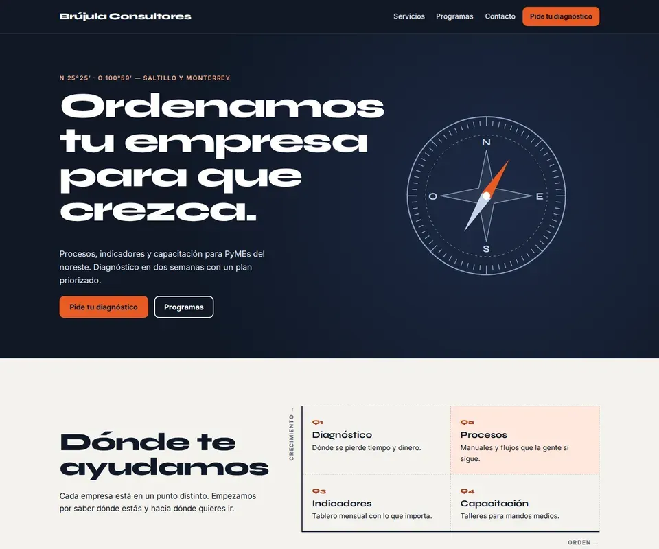 Vista de la página de Brújula Consultores en computadora