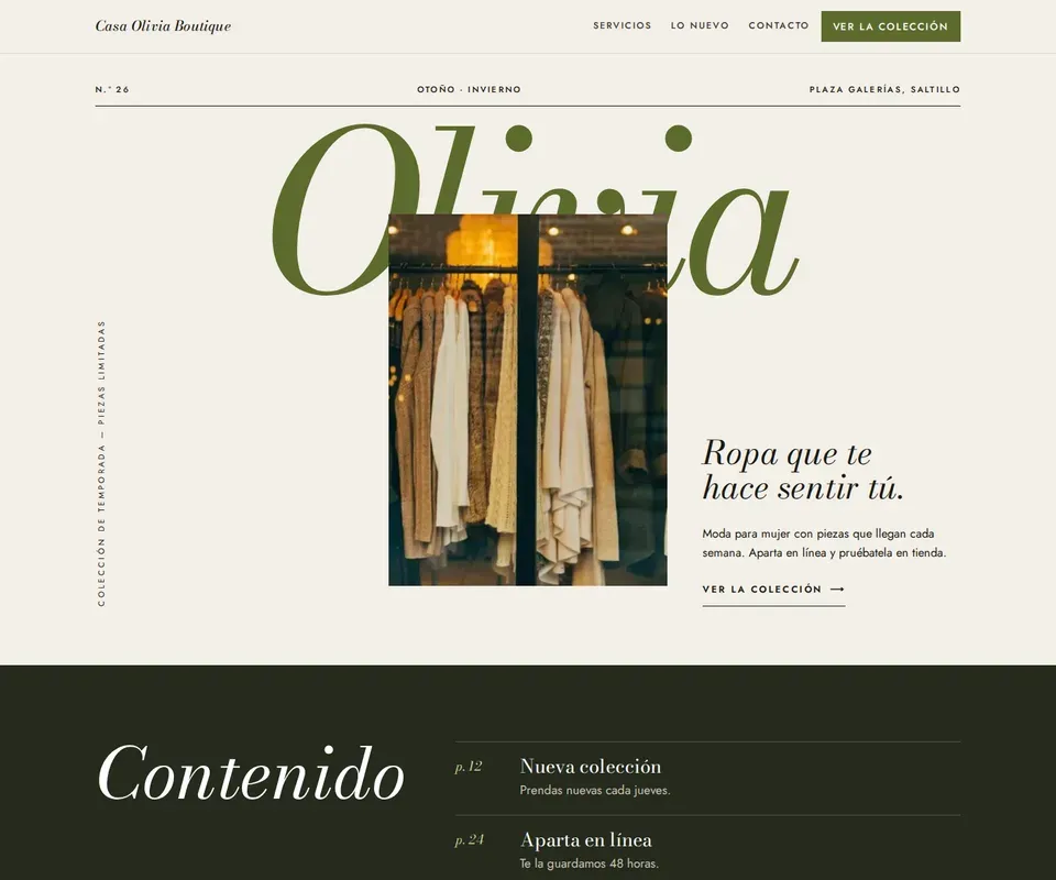 Vista de la página de Casa Olivia Boutique en computadora