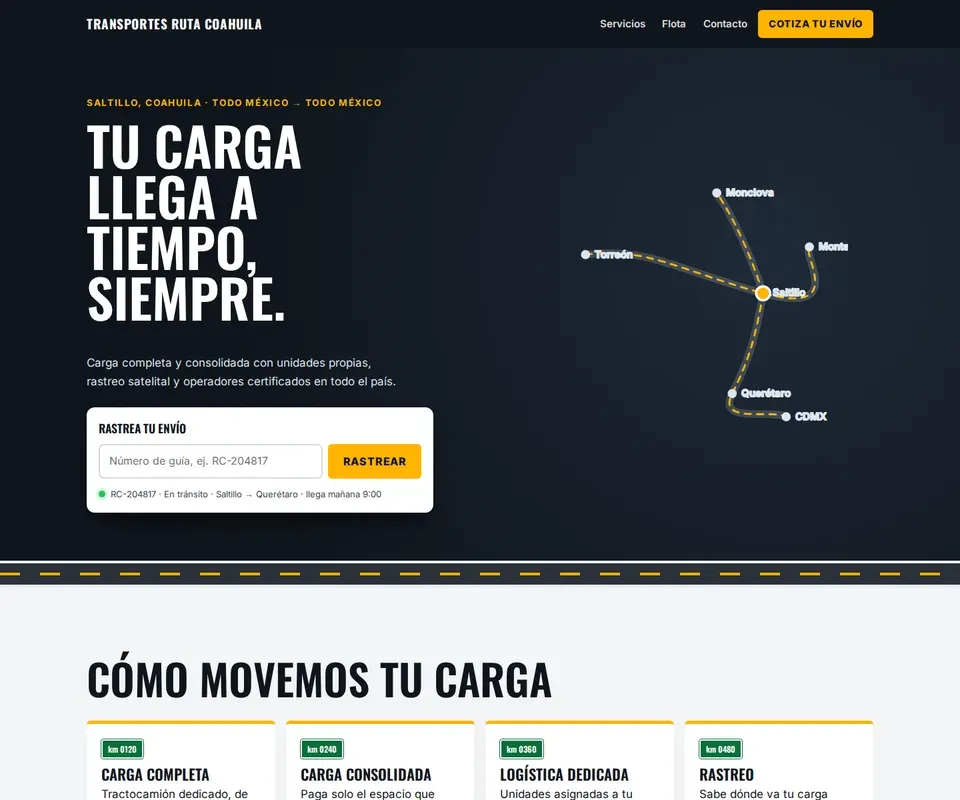 Vista de la página de Transportes Ruta Coahuila en computadora