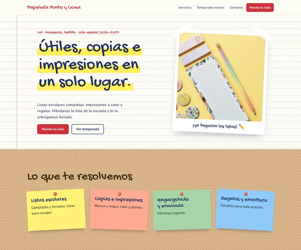 Vista de la página de Papelería Punto y Coma en computadora