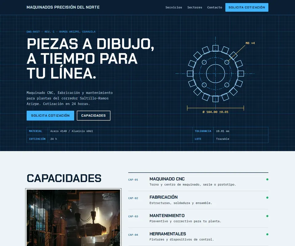 Vista de la página de Maquinados Precisión del Norte en computadora