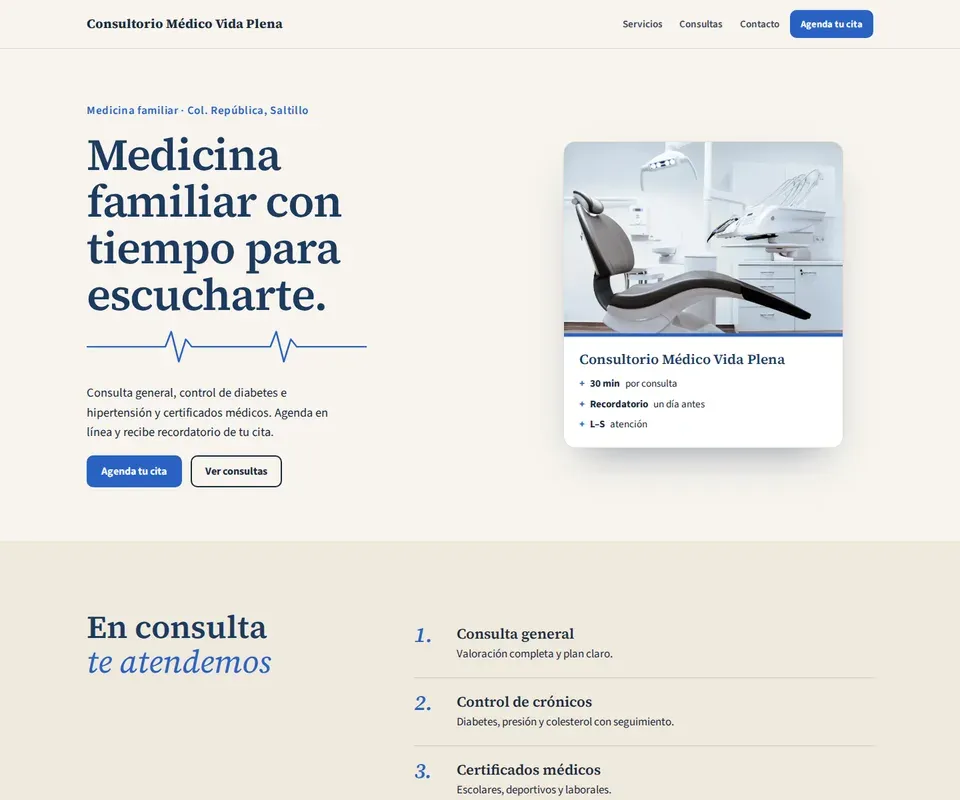 Vista de la página de Consultorio Médico Vida Plena en computadora