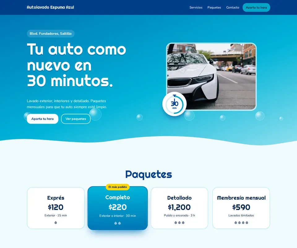 Vista de la página de Autolavado Espuma Azul en computadora