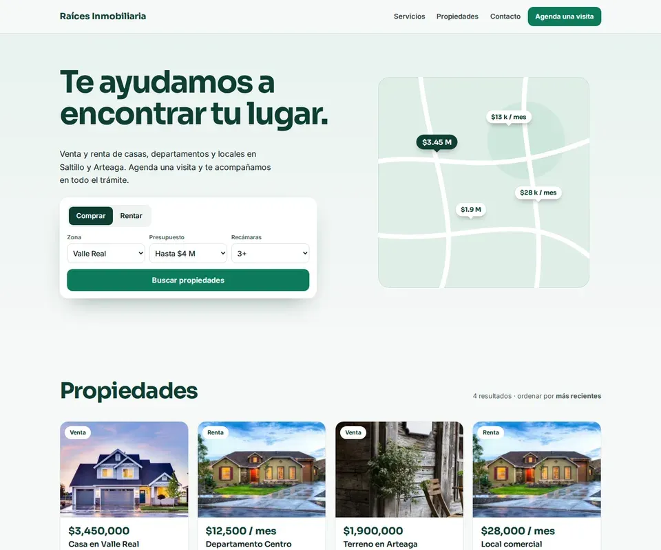 Vista de la página de Raíces Inmobiliaria en computadora