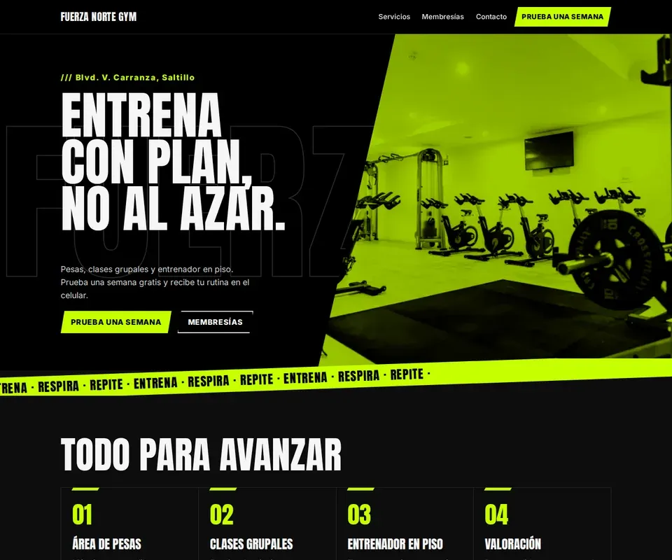 Vista de la página de Fuerza Norte Gym en computadora