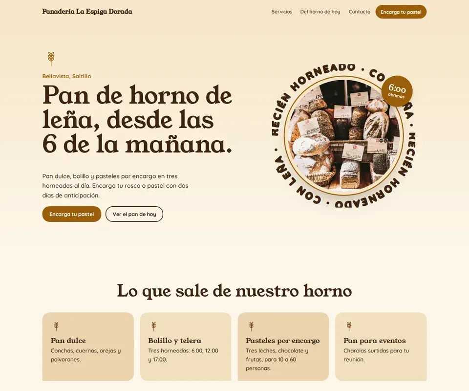 Vista de la página de Panadería La Espiga Dorada en computadora