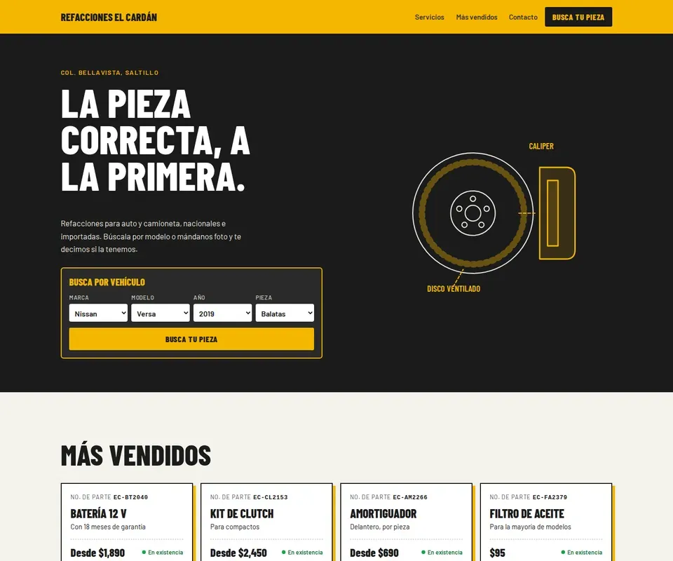 Vista de la página de Refacciones El Cardán en computadora