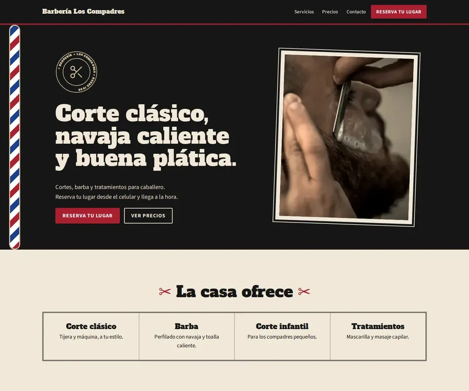 Vista de la página de Barbería Los Compadres en computadora