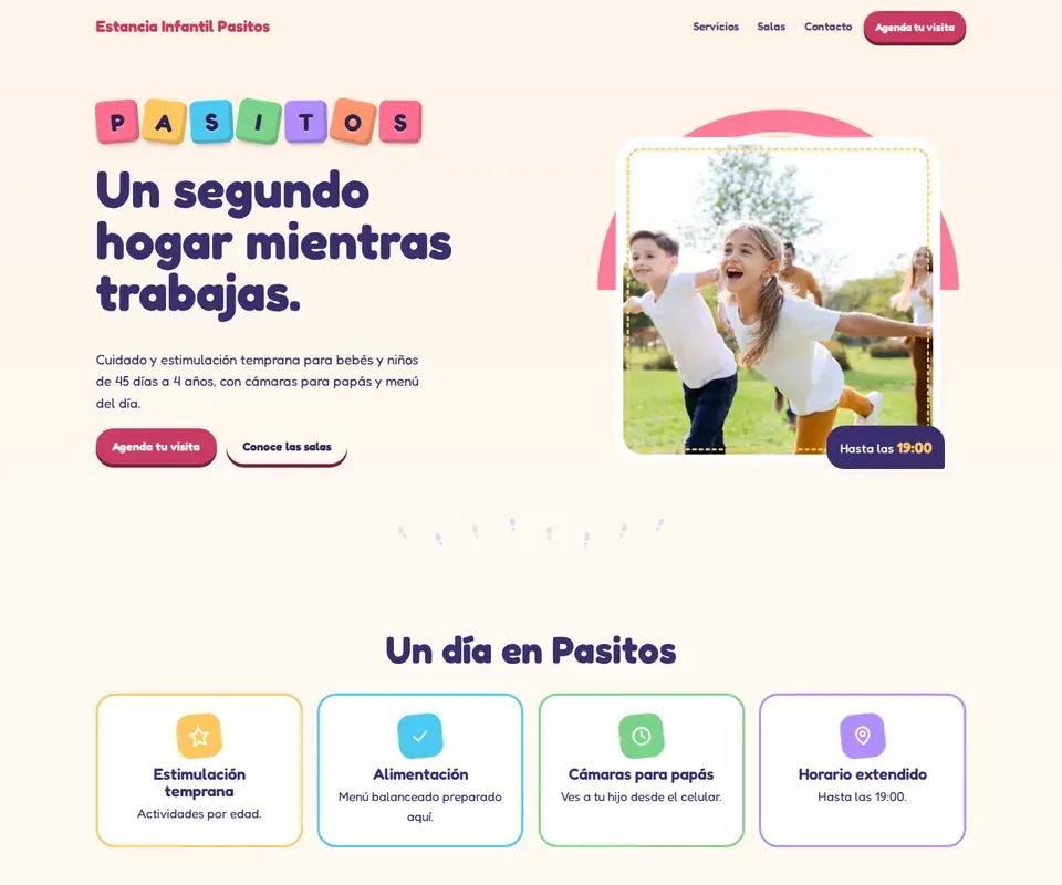 Vista de la página de Estancia Infantil Pasitos en computadora